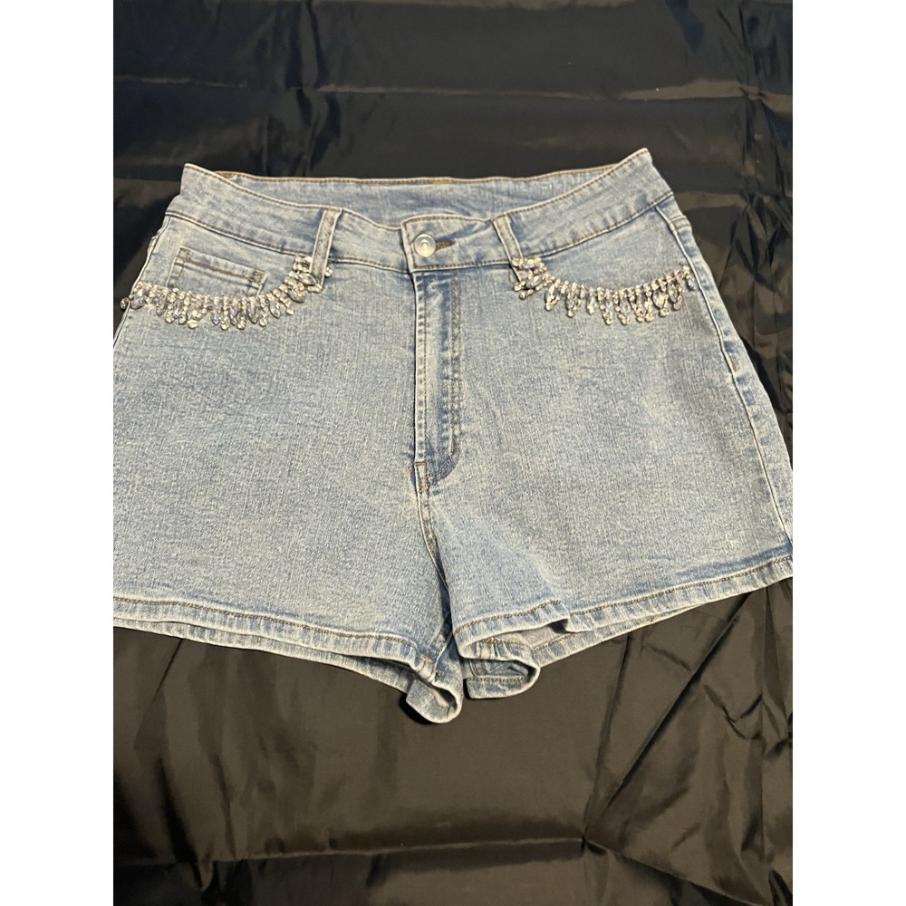 Bar lll Light Denim Jean Shorts Sz M Embellished Bling Crystal Fringe Rhinestone